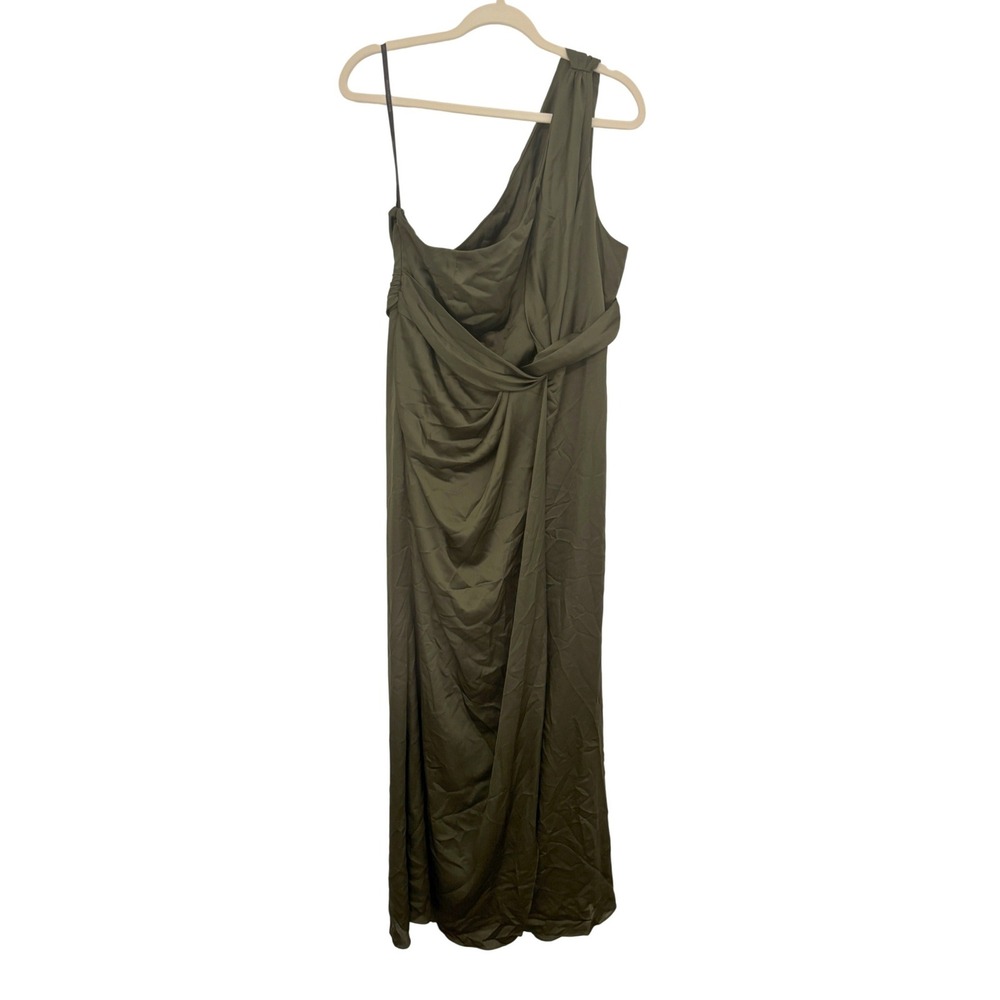 NWT Dessy One Shoulder Draped Twist Empire Waist Trumpet Gown Olive Green Sz 6 - Picture 2 of 7